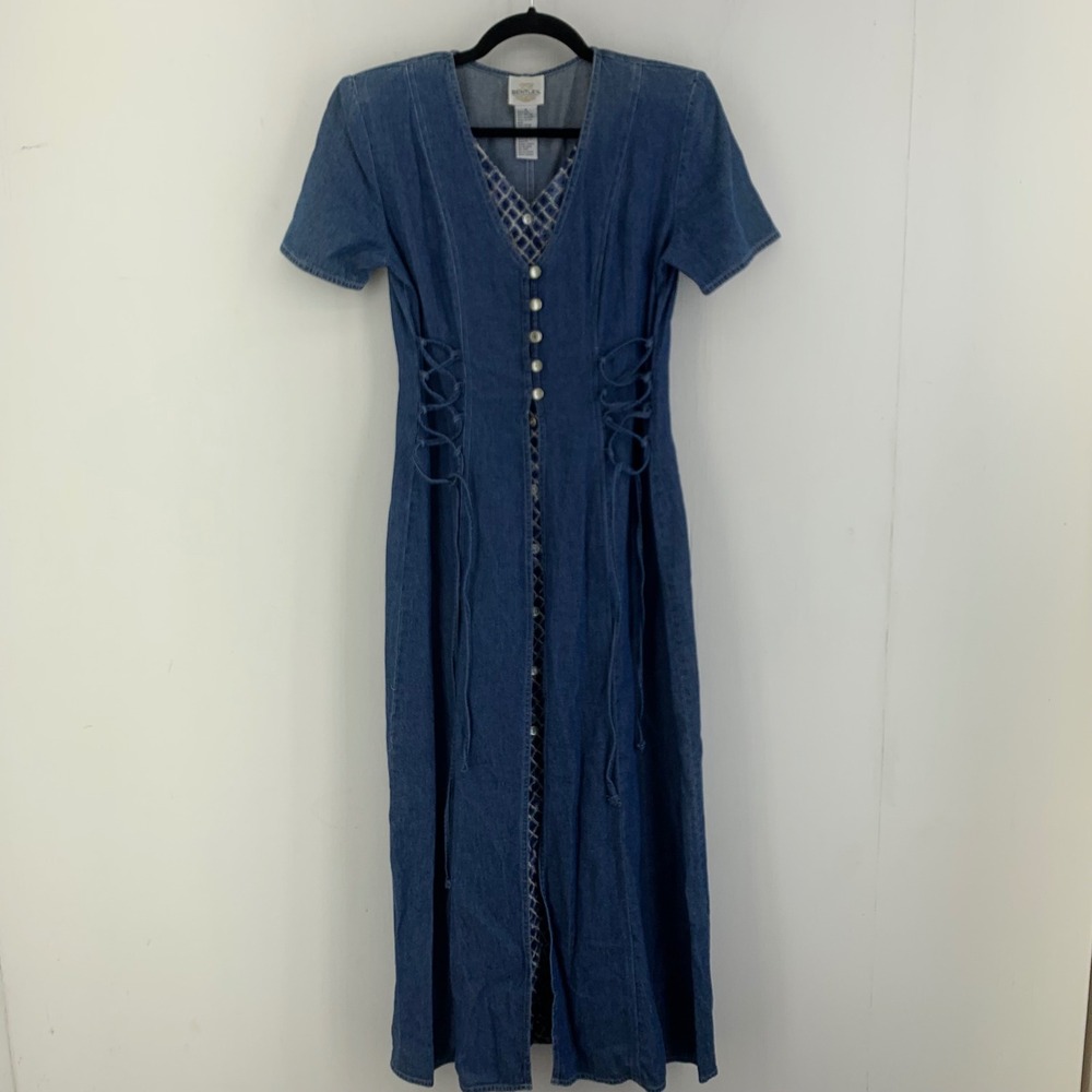 Vtg Boho Prairie Denim Maxi Dress Lace Up Corset Sides Button Front Cowgirl Sz 6